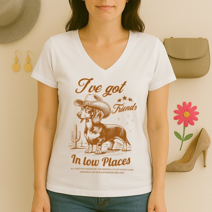 I've Got Friends In Low Places Dachshund Cowboy  Women's V-Neck T-Shirt