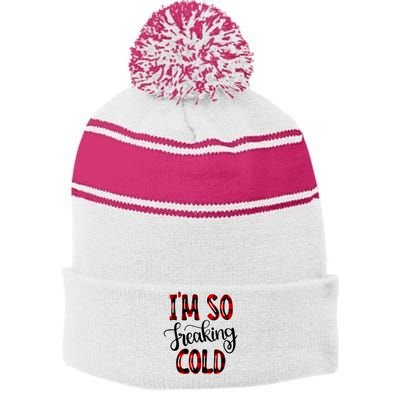 I'mfunny Giftogiftfreakinggiftcold I'm Literally Freezing Red Plaid Xmas Funny G Stripe Pom Pom Beanie