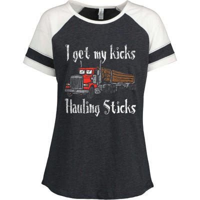 I Get My Kicks Hauling Sticks Log Truck Driver Hauler Enza Ladies Jersey Colorblock Tee