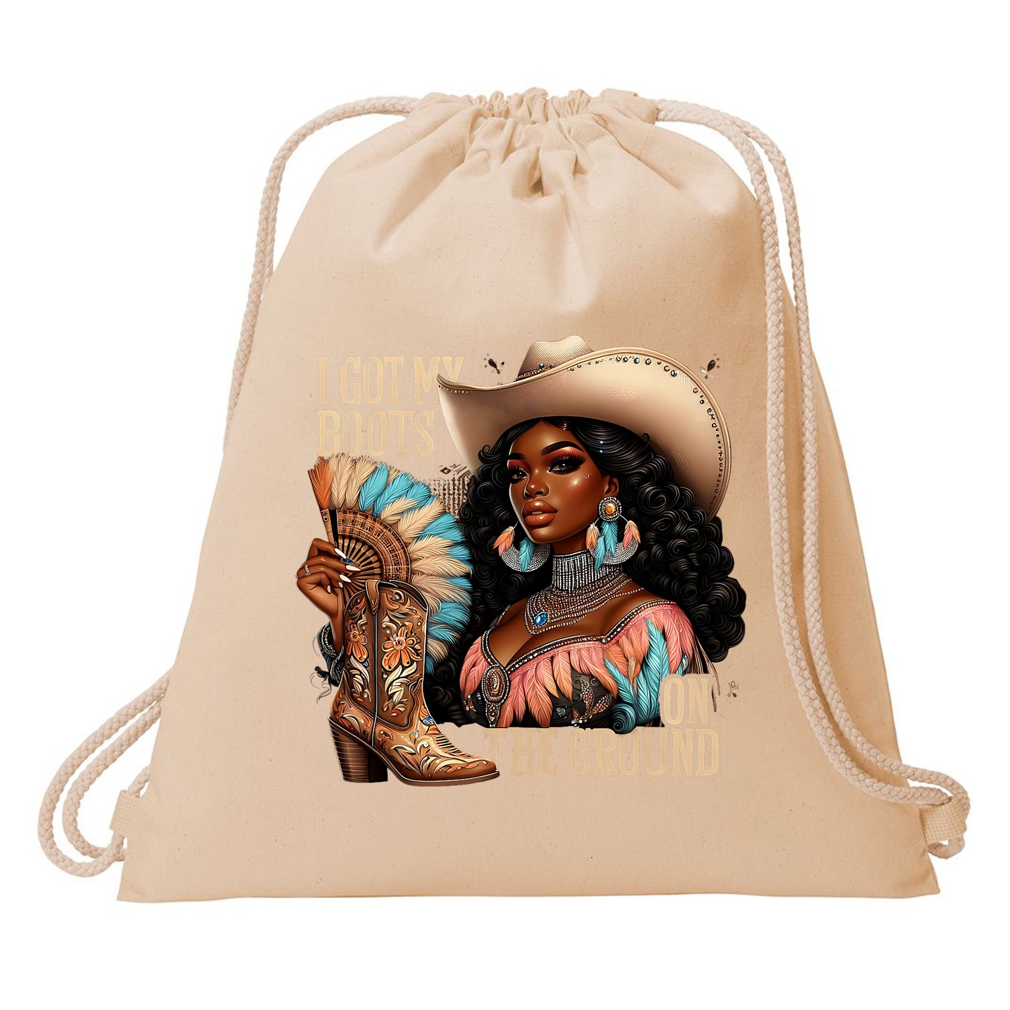 I Got My Boots On The Ground Western Cowgirl Melanin Swag  Drawstring Bag