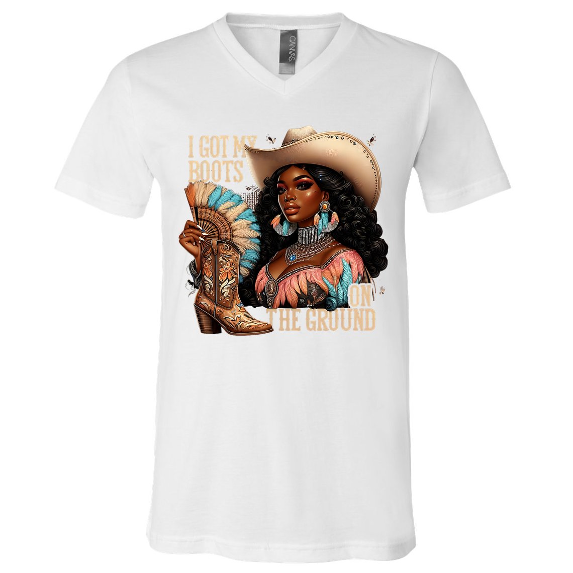I Got My Boots On The Ground Western Cowgirl Melanin Swag  V-Neck T-Shirt