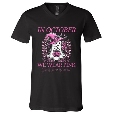 In Ghost October Breast Cancer Awareness Halloween V-Neck T-Shirt