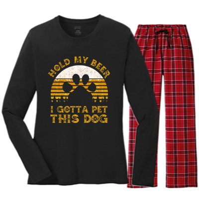 I Gotta Pet This Dog Hold My Beer Vintage Women's Long Sleeve Flannel Pajama Set 