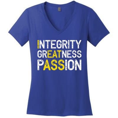 Integrity Greatness Passion Women's V-Neck T-Shirt