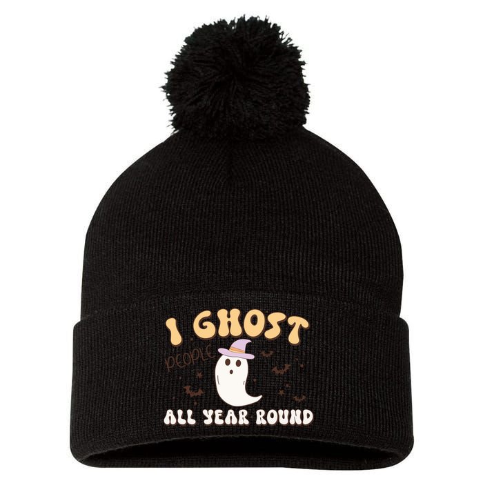 I Ghost People All Year Round Retro Halloween Ghost Costume Gift Pom Pom 12in Knit Beanie