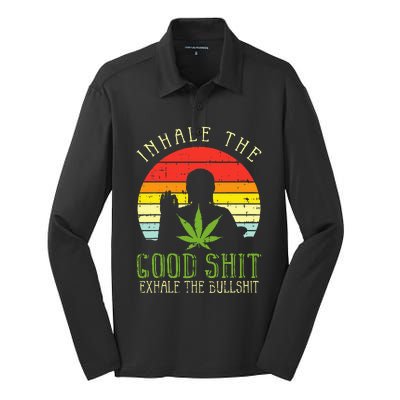 Inhale Good Shit Exhale Bullshit Weed Cannabis Yoga 420 Gift Silk Touch Performance Long Sleeve Polo