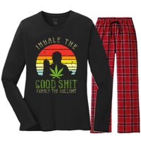 Inhale Good Shit Exhale Bullshit Weed Cannabis Yoga 420 Gift Women's Long Sleeve Flannel Pajama Set 