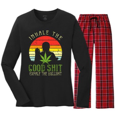 Inhale Good Shit Exhale Bullshit Weed Cannabis Yoga 420 Gift Women's Long Sleeve Flannel Pajama Set 