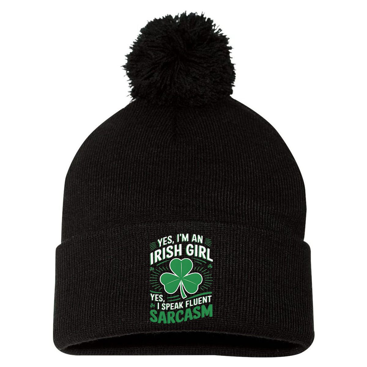 Irish Girl Speak Fluent Sarcasm Funny Pom Pom 12in Knit Beanie