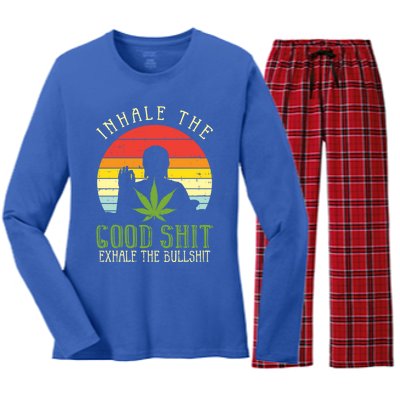 Inhale Good Shit Exhale Bullshit Weed Cannabis Yoga 420 Gift Women's Long Sleeve Flannel Pajama Set 