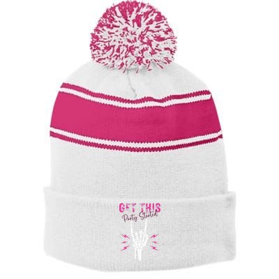 I Get This Party Started Skeleton Color Stripe Pom Pom Beanie