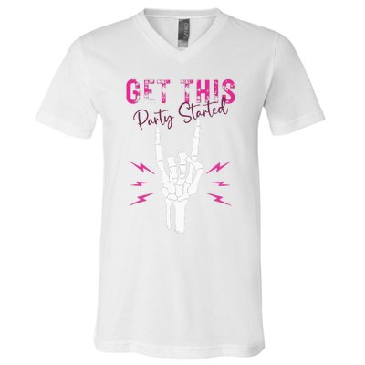 I Get This Party Started Skeleton Color V-Neck T-Shirt