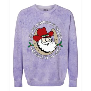 I Got The Reindeer In The Back Funny Cowboy Santa Parody Colorblast Crewneck Sweatshirt