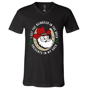 I Got The Reindeer In The Back Funny Cowboy Santa Parody V-Neck T-Shirt