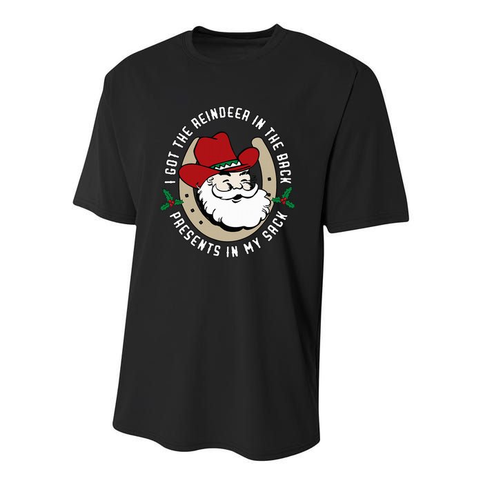 I Got The Reindeer In The Back Funny Cowboy Santa Parody Youth Performance Sprint T-Shirt