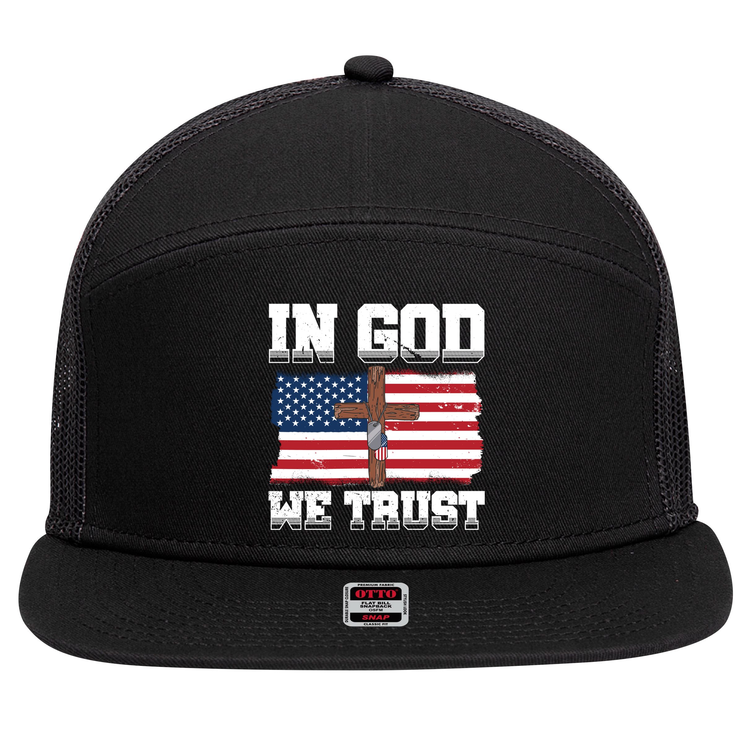 In God We Trust American Flag Jesus Faith Holy Cross Meaningful Gift 7 Panel Mesh Trucker Snapback Hat
