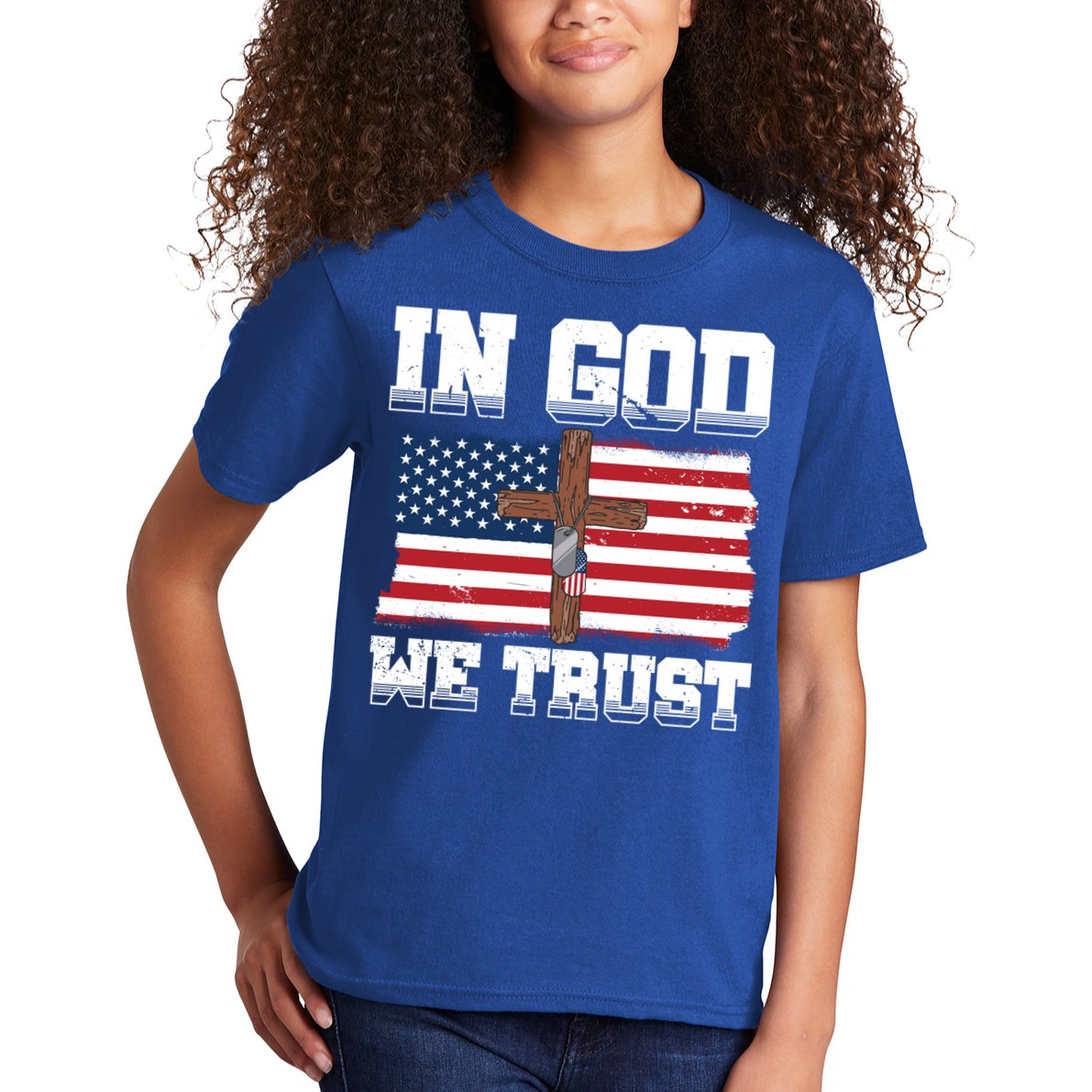 In God We Trust American Flag Jesus Faith Holy Cross Meaningful Gift Kids T-Shirt
