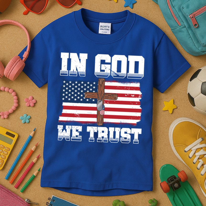 In God We Trust American Flag Jesus Faith Holy Cross Meaningful Gift Kids T-Shirt