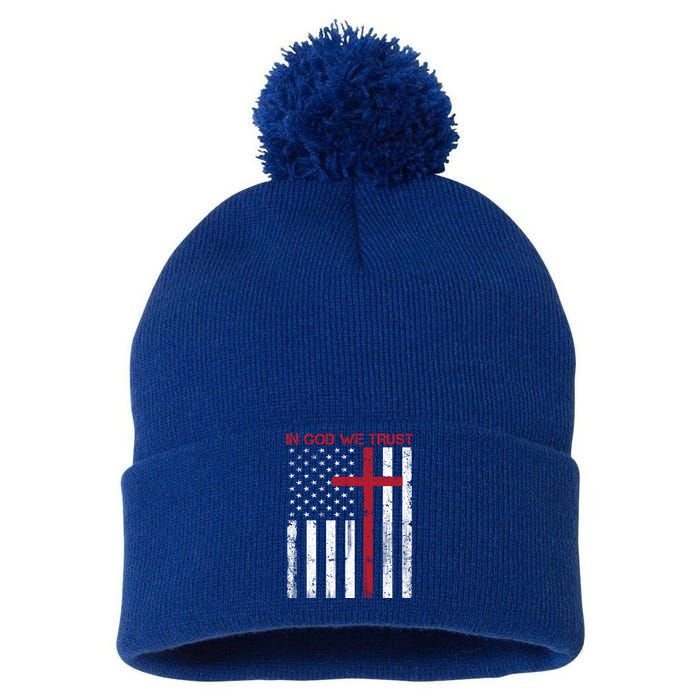 In God We Trust With Patriotic Vintage American Flag Cool Gift Pom Pom 12in Knit Beanie