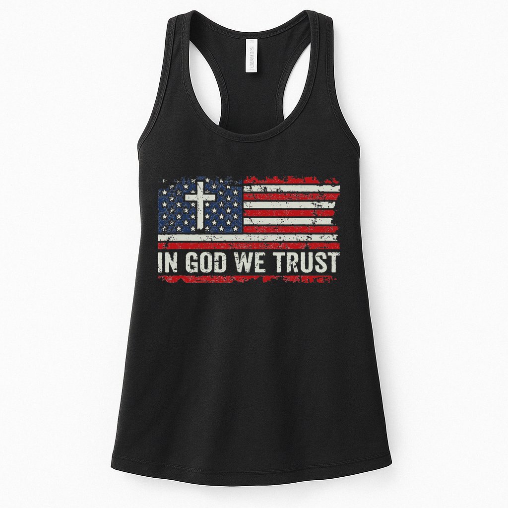 In God We Trust Vintage USA Flag Cross Patriotic Christian Womens Tank Top