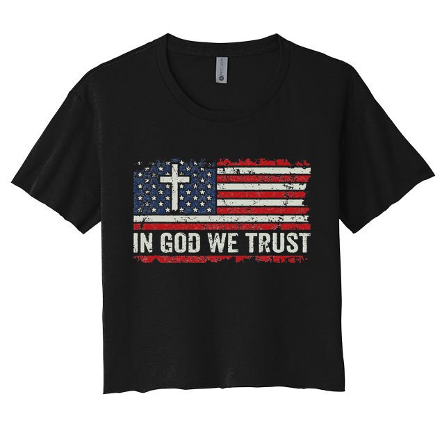 In God We Trust Vintage USA Flag Cross Patriotic Christian Crop Top