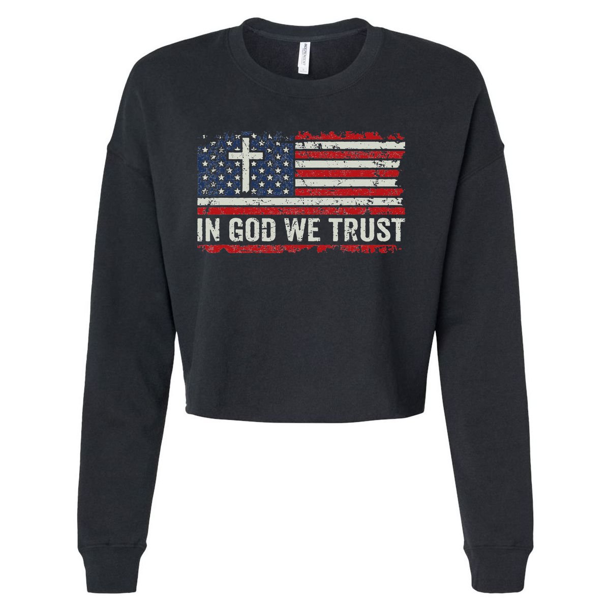 In God We Trust Vintage USA Flag Cross Patriotic Christian Cropped Pullover Crew