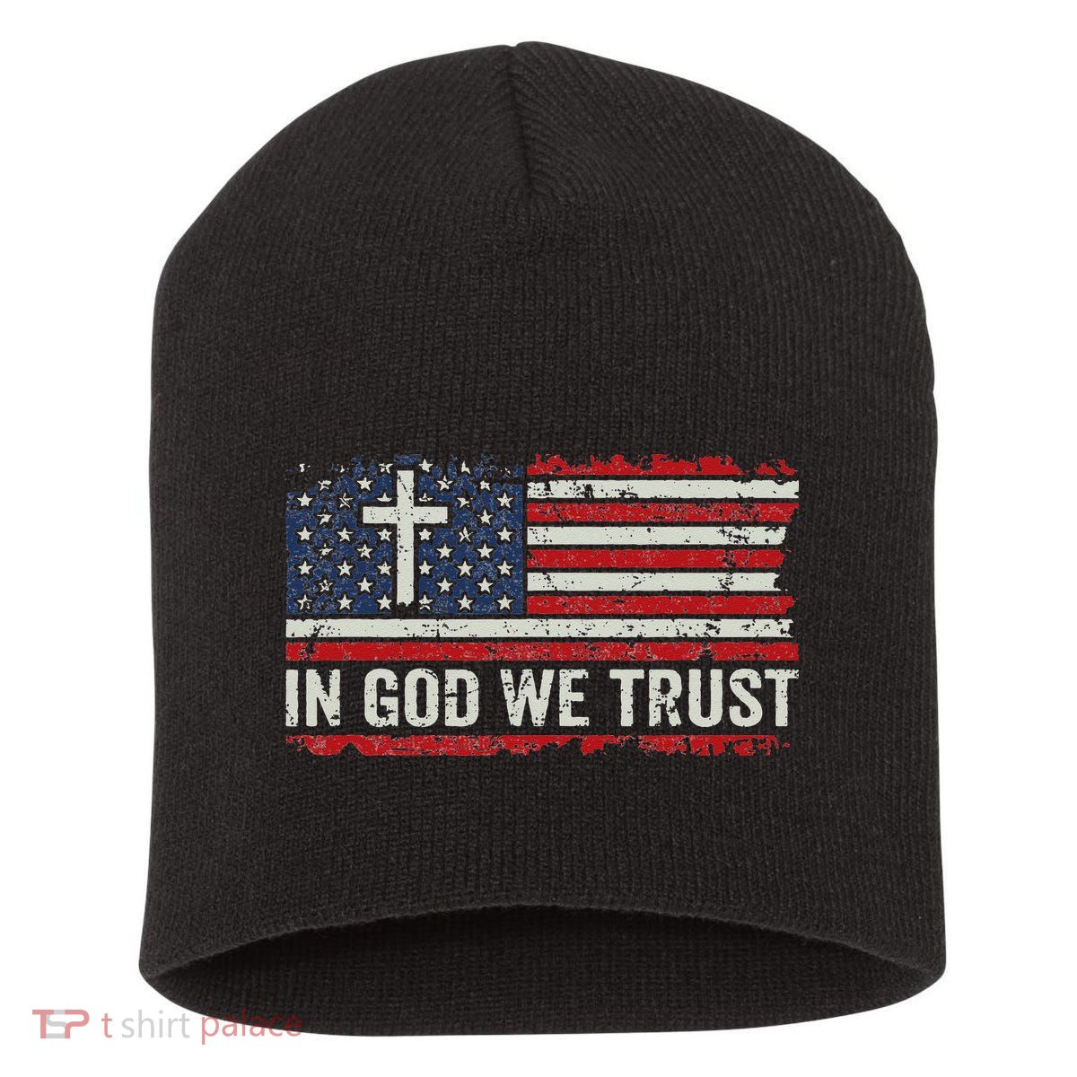 In God We Trust Vintage USA Flag Cross Patriotic Christian Short Acrylic Beanie