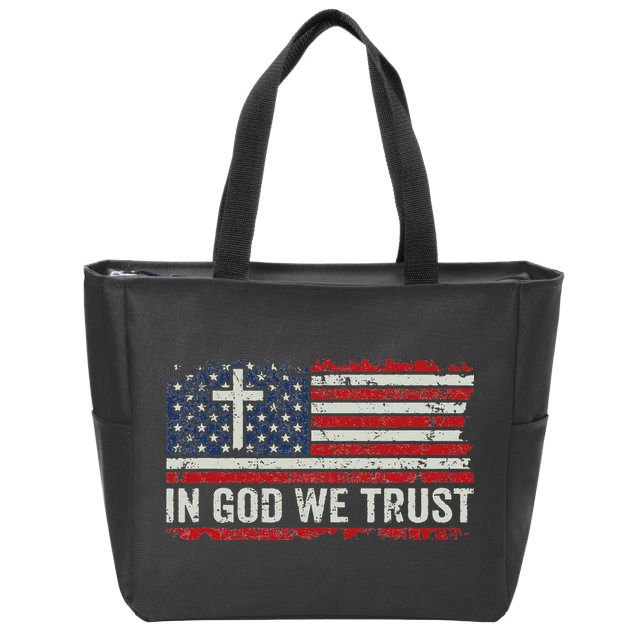 In God We Trust Vintage USA Flag Cross Patriotic Christian Zip Tote Bag
