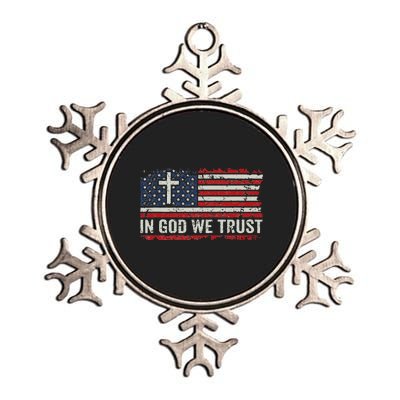 In God We Trust  Vintage USA Flag Cross Patriotic Christian  Metallic Star Ornament