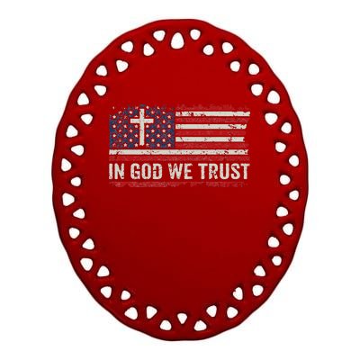 In God We Trust  Vintage USA Flag Cross Patriotic Christian  Ceramic Oval Ornament