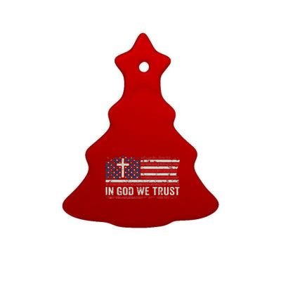 In God We Trust  Vintage USA Flag Cross Patriotic Christian  Ceramic Tree Ornament