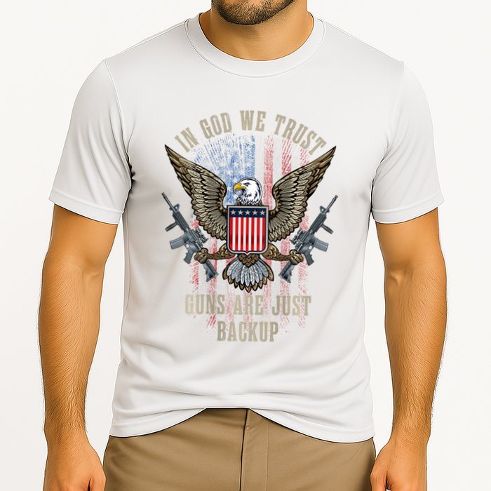 In God We Trust Guns Are Just Backup American Flag Cooling Performance Crew T-Shirt
