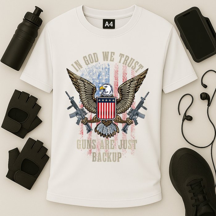 In God We Trust Guns Are Just Backup American Flag Cooling Performance Crew T-Shirt