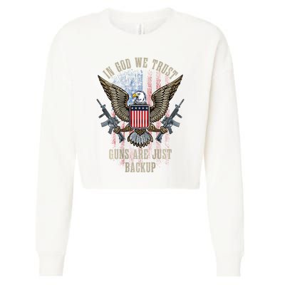 In God We Trust Guns Are Just Backup American Flag Cropped Pullover Crew