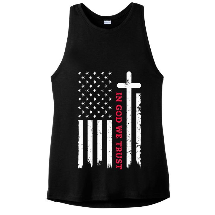In God We Trust With Patriotic Vintage American Flag Ladies PosiCharge Tri-Blend Wicking Tank