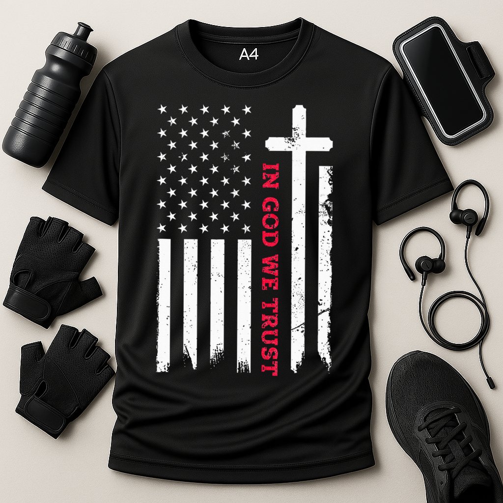 In God We Trust With Patriotic Vintage American Flag Cooling Performance Crew T-Shirt
