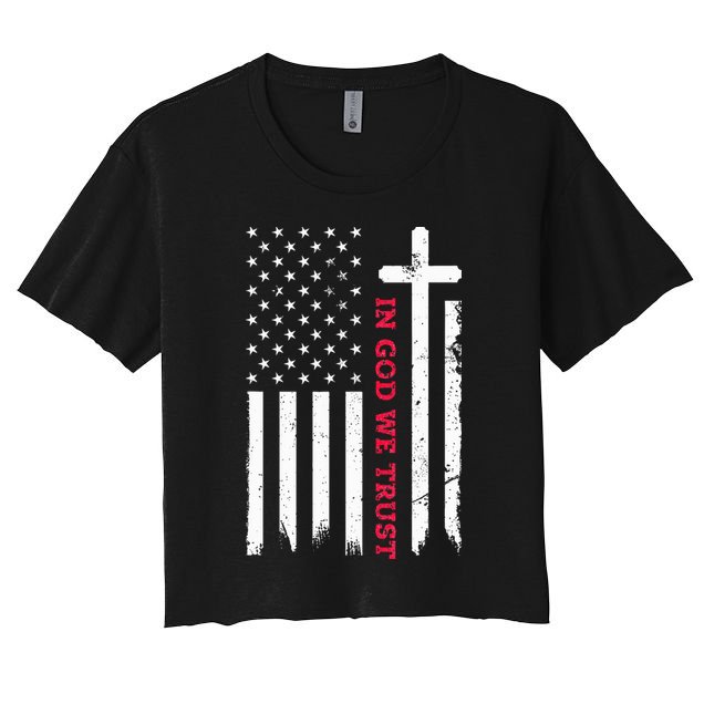 In God We Trust With Patriotic Vintage American Flag Crop Top