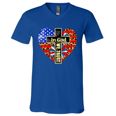 In God We Trust Heart 4th Of July Patriotic Flag Christian Gift V-Neck T-Shirt