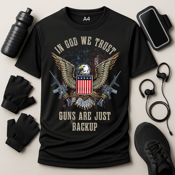 In God We Trust Guns Are Just Backup AR 15 American Flag Cooling Performance Crew T-Shirt