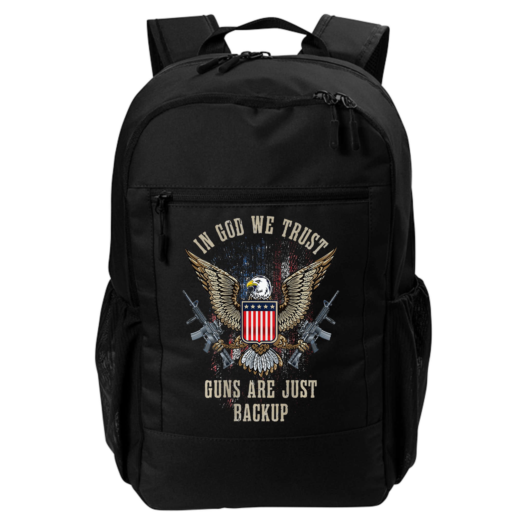 In God We Trust Guns Are Just Backup AR 15 American Flag Backpack