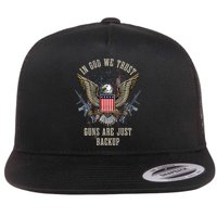 In God We Trust Guns Are Just Backup AR 15 American Flag Flat Bill Trucker Hat