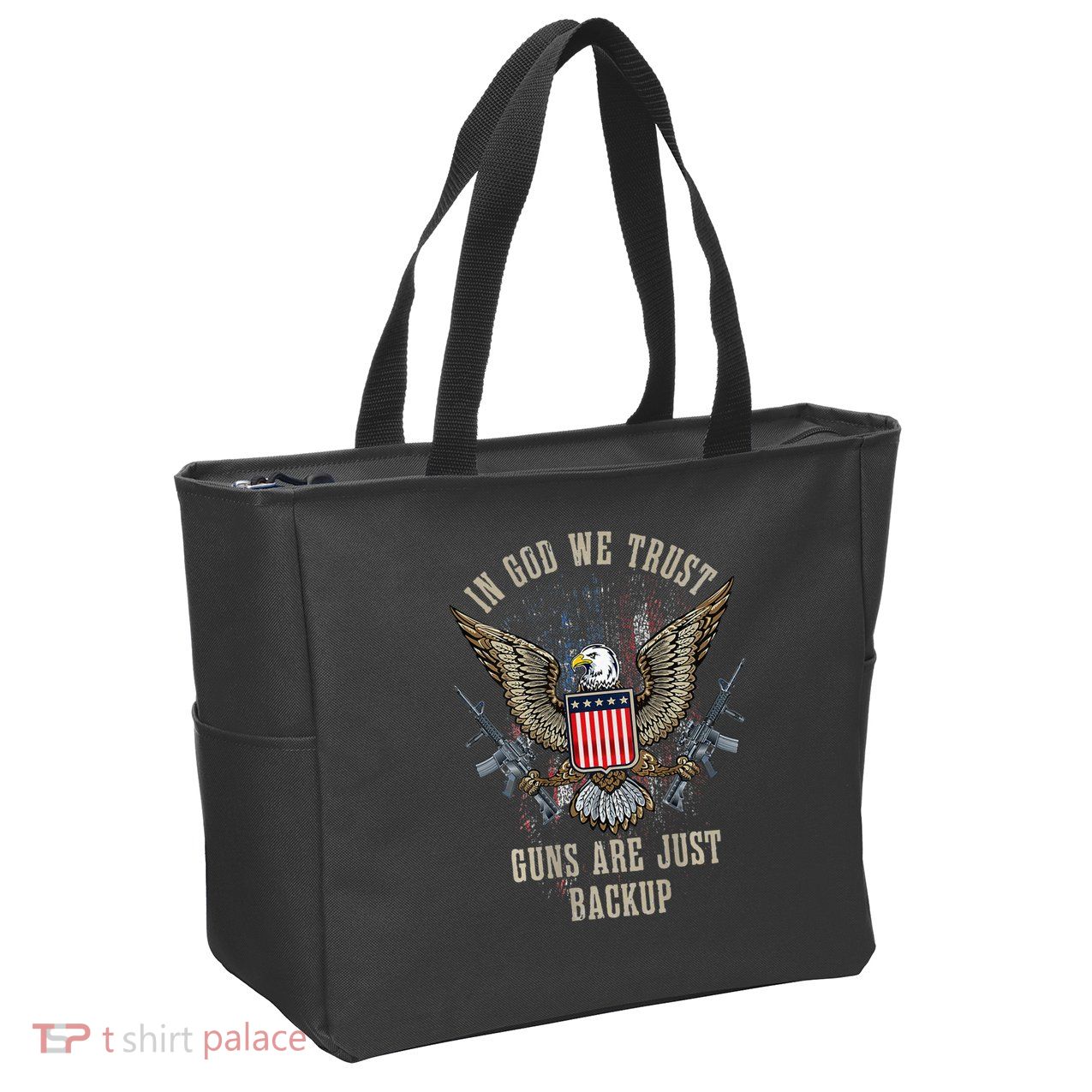 In God We Trust Guns Are Just Backup AR 15 American Flag Zip Tote Bag