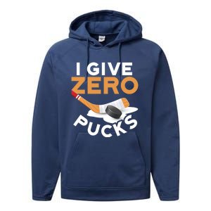 I Give Zero Pucks Hockey Design Funny Sports Pun Great Gift Performance Fleece Hoodie