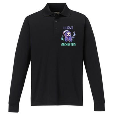 I Have Anxietea Cute Kawaii Grim Reaper With Tea Performance Long Sleeve Polo