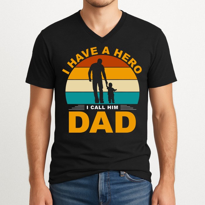 I Have A Hero I Call Him Dad Retro Sunset V-Neck T-Shirt
