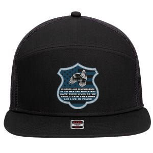 In Honor And Remembrance Of The Peace Officers Back The Blue Cool Gift 7 Panel Mesh Trucker Snapback Hat