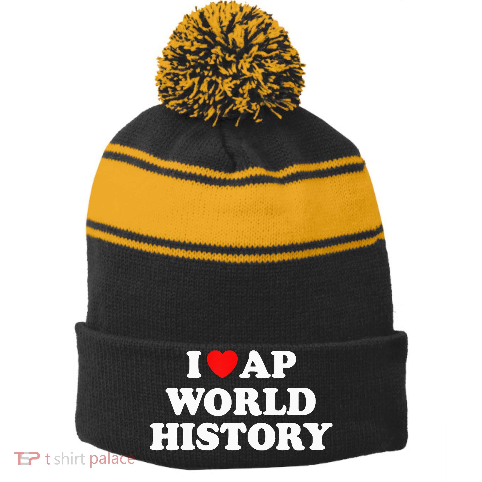 I Heart AP World History Red Heart Funny Retro Design Stripe Pom Pom Beanie