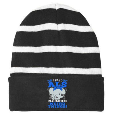 I Have ALS Awareness Ribbon Supporter Warrior Elephant Striped Beanie with Solid Band