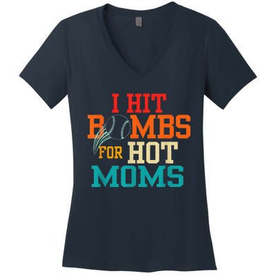 I Hit Bombs For Hot Moms (Baseball) Women's V-Neck T-Shirt