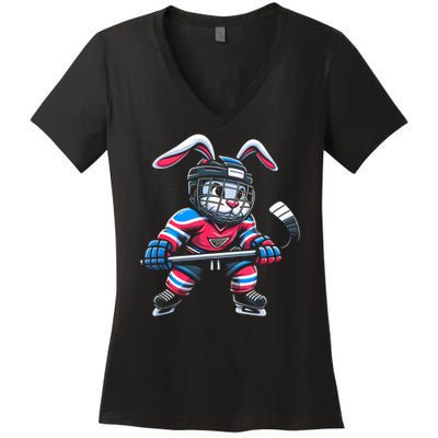 Ice Hockey Bunny Easter Rabbit Hockey Cool Tee Gift Women's V-Neck T-Shirt